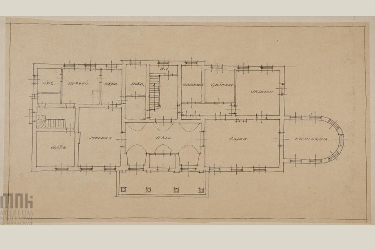 Dwór - rozmieszczenie pomieszczeń - projekt 1923 r.